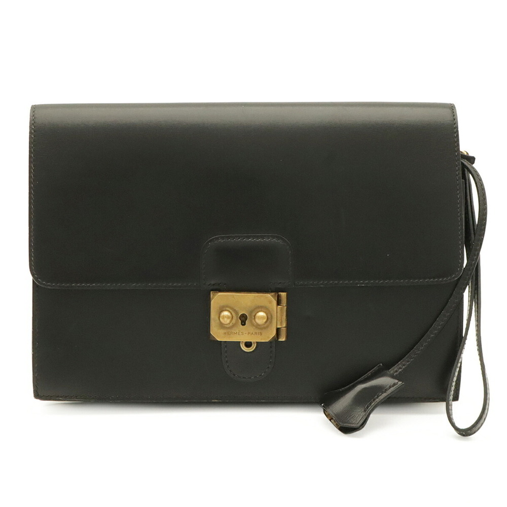 HERMES Pochette Jet Second Bag Clutch Handbag Box Calf Black ○Q Stamp